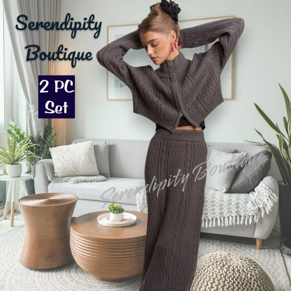 Chic High Neck Long Sleeve Zip Up Jacket Maxi Skirt Charcoal Grey Sweater Set